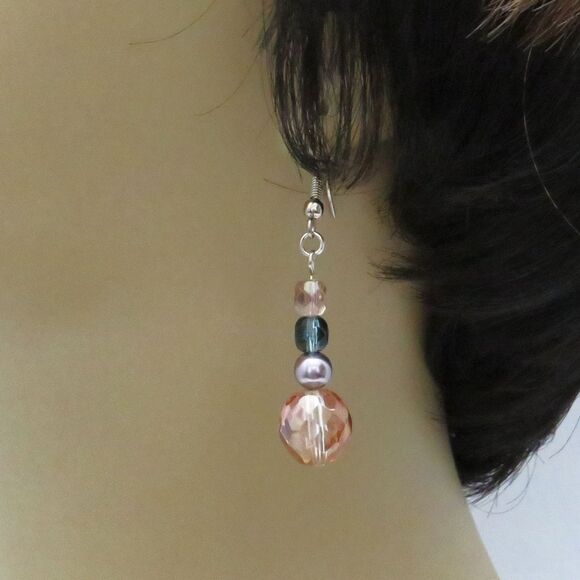 Crystal and Pearl Dangle Earrings for Women, Blue & Pink Handmade Drop Earrings - Picture 3 of 7